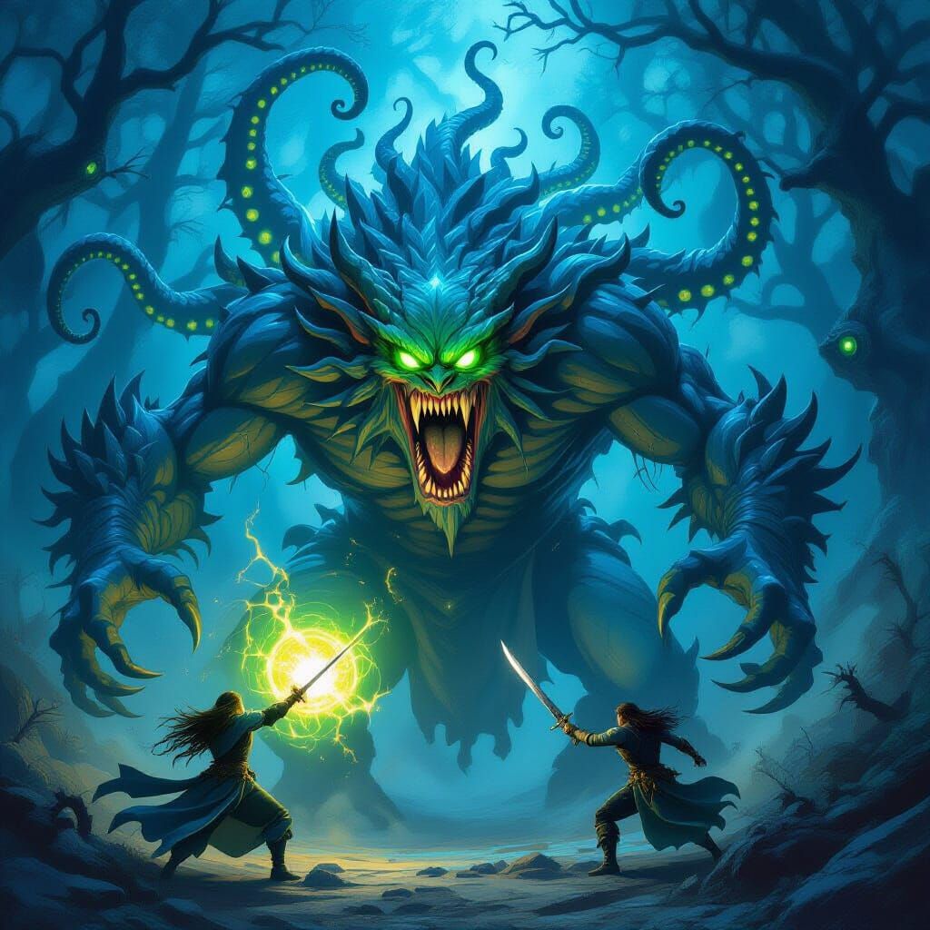 Fantasy Battle: Monster vs. Sorcerer and Warrior