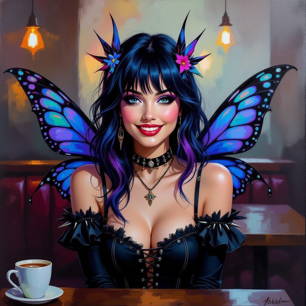 Gothic Fairy Girl Posing in Coffee Shop