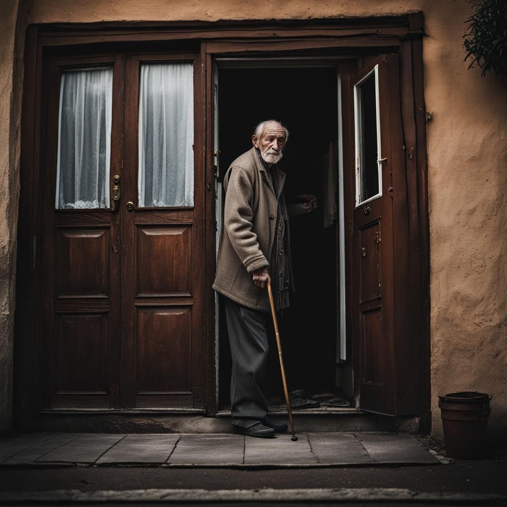 Elderly Man Opens Door in Ambient Light