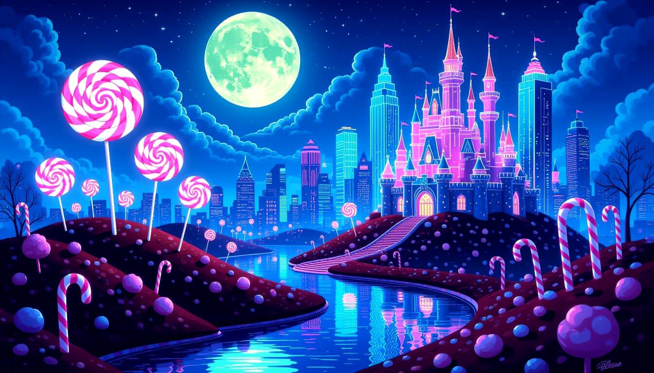Surreal Candy Cityscape with Chocolate River