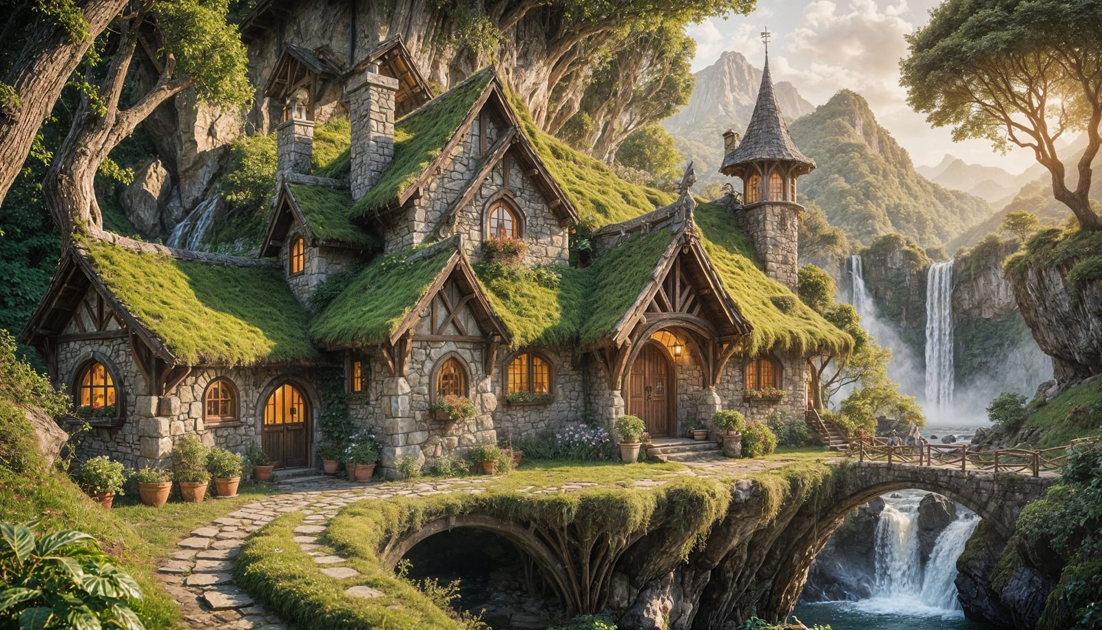 Ethereal Elven Cottage Amidst Cascading Waters