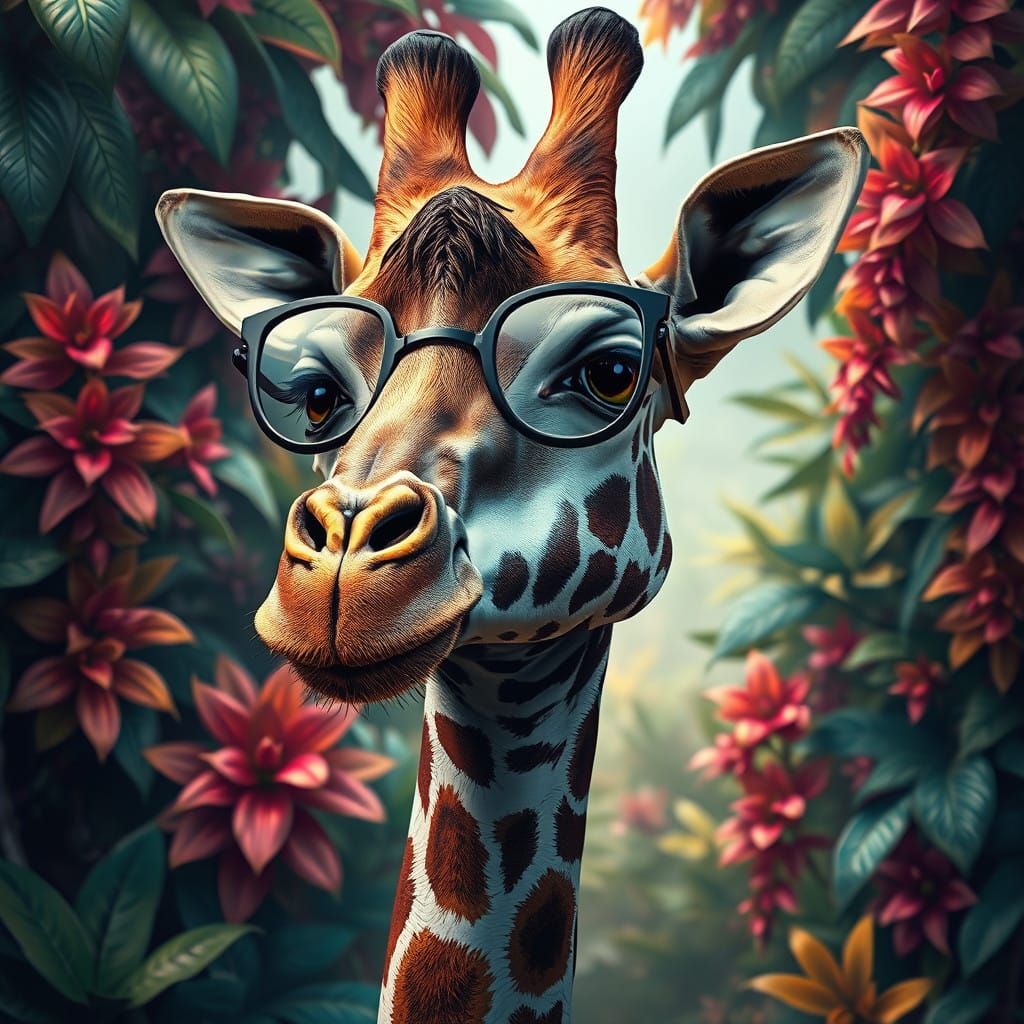 Giraffe in Spectacles Exudes Whimsical Elegance in Lush Fant...