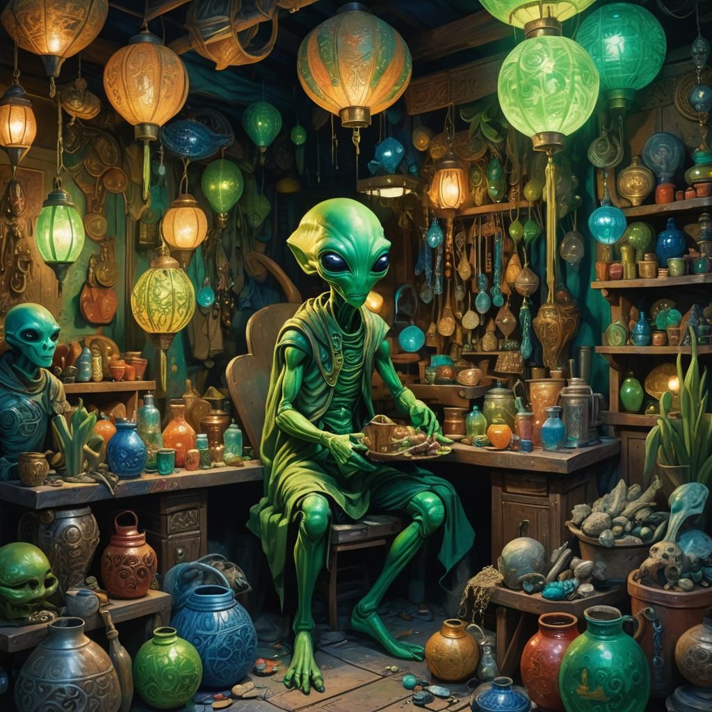 Green Alien Selling Oddities in Vibrant Oil Painting Style