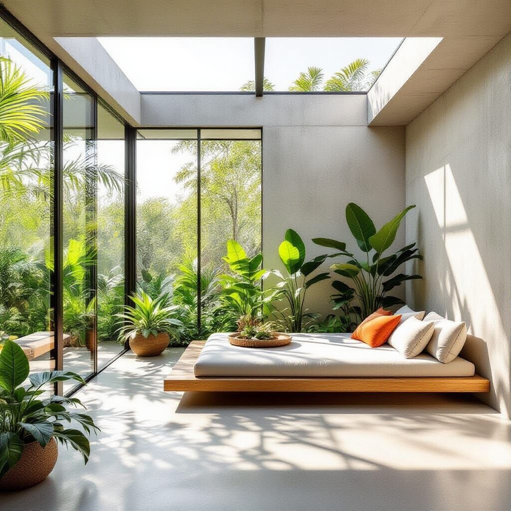 Minimalist Greenhouse Interior with Exotic Plants in Archite...
