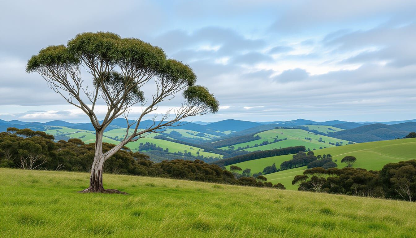 Australian Landscape: Windswept Gum Tree in Cubist Style