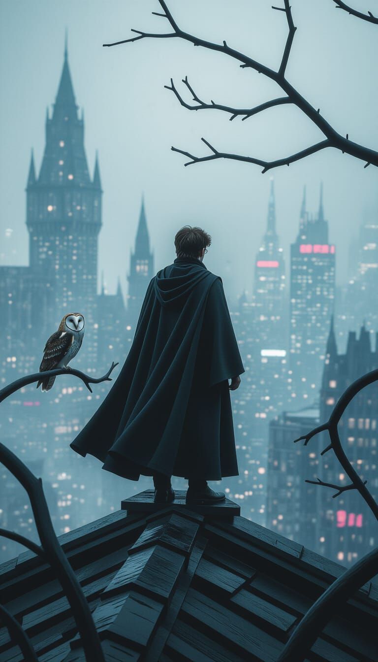 Harry Potter in Cyberpunk Cityscape, Cinematic Style
