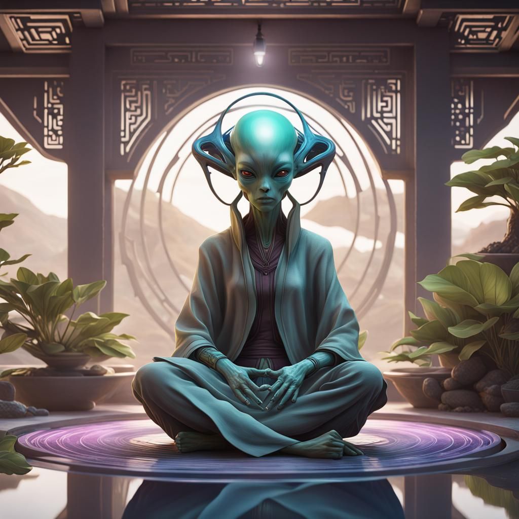 Alien Sage Meditating in Zen Garden: Hyperdetailed Art