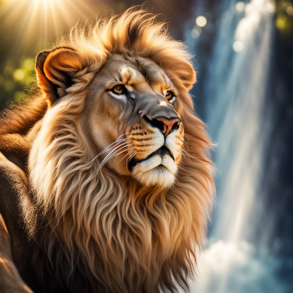 Majestic Lion Head with Waterfall Backdrop