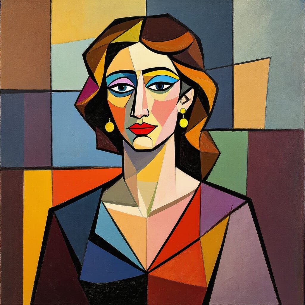 Cubist Painting of Woman Creating Nature Art