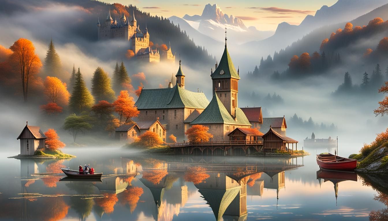 Foggy Medieval Cityscape at Dawn in Oil Painting Style