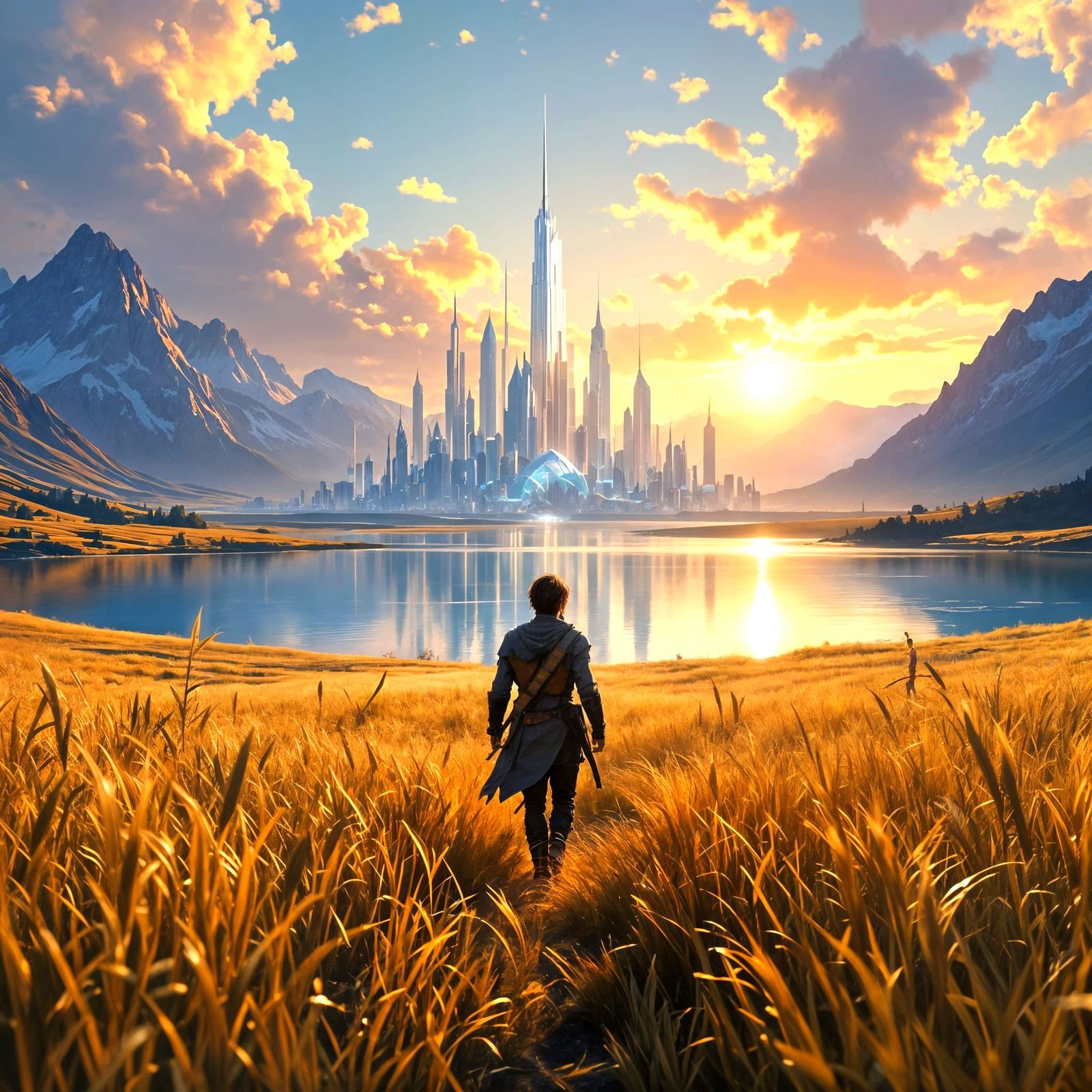 Adventurer Gazes at Shining Glass City Fantasy Landscape