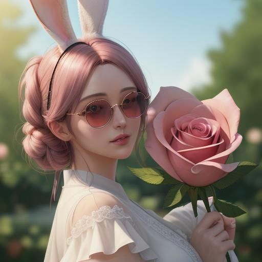 Anime Girl with Rose and Hare in 3D Art