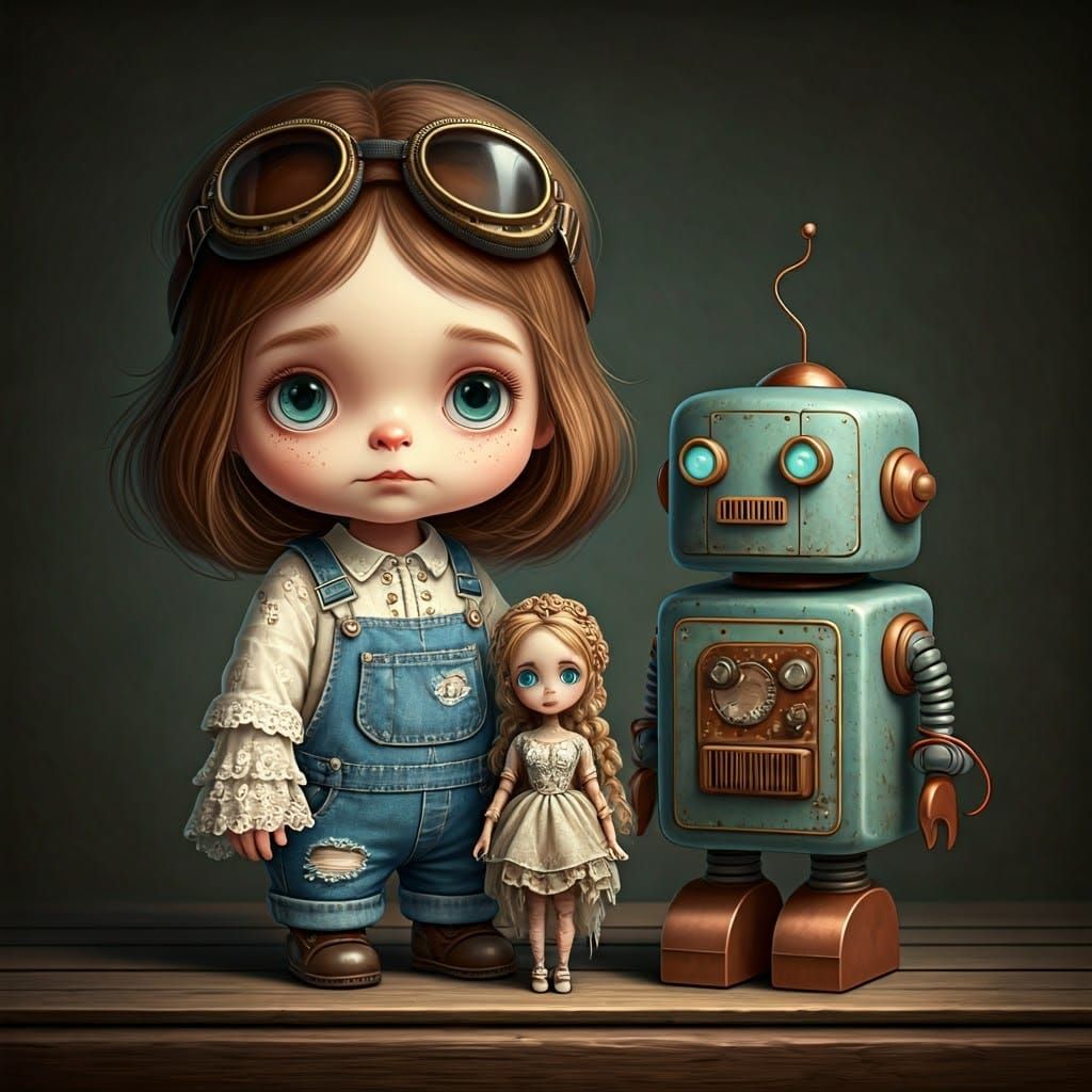 Girl with Doll and Robot in Retro-Futuristic Style