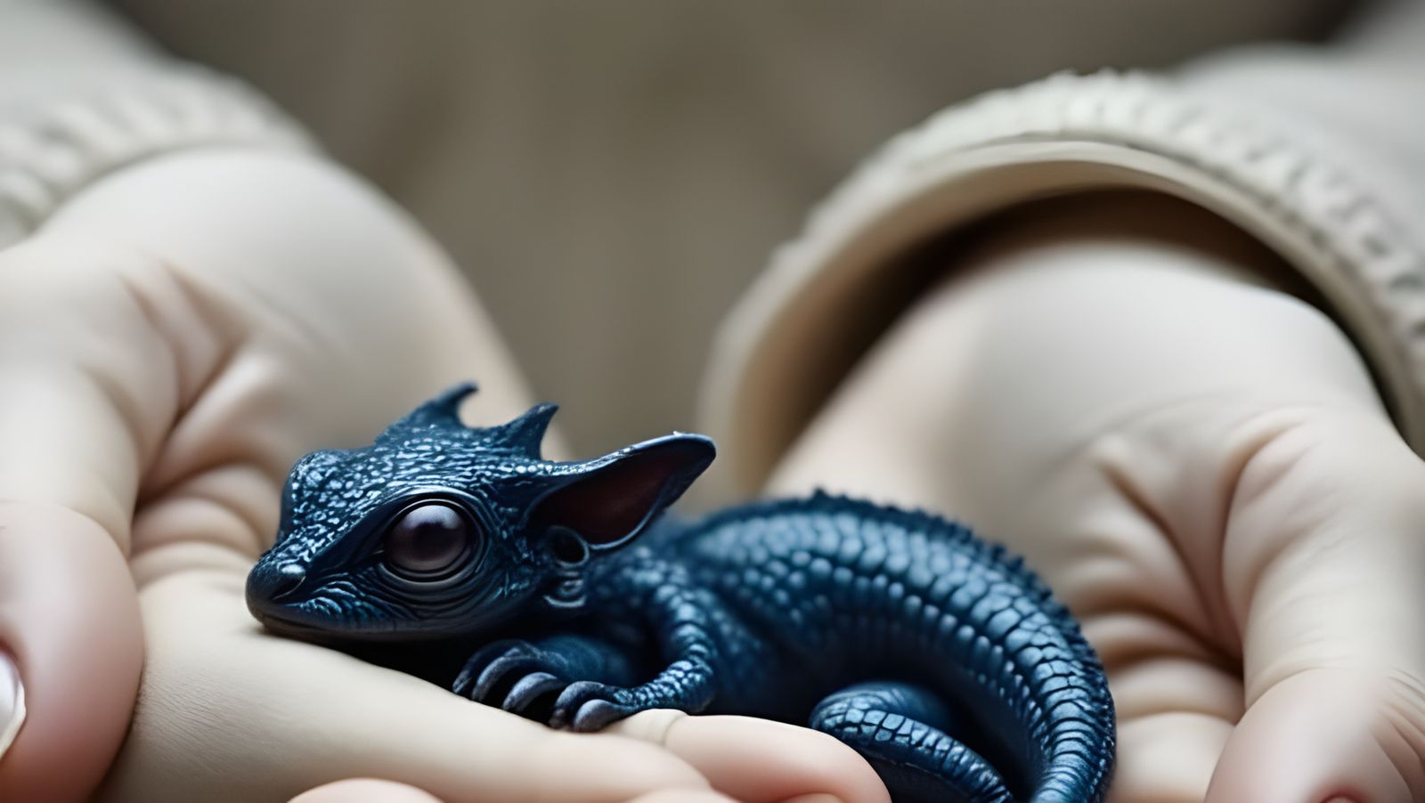 Hyperrealistic Hands Cradling Sleeping Blue Dragon