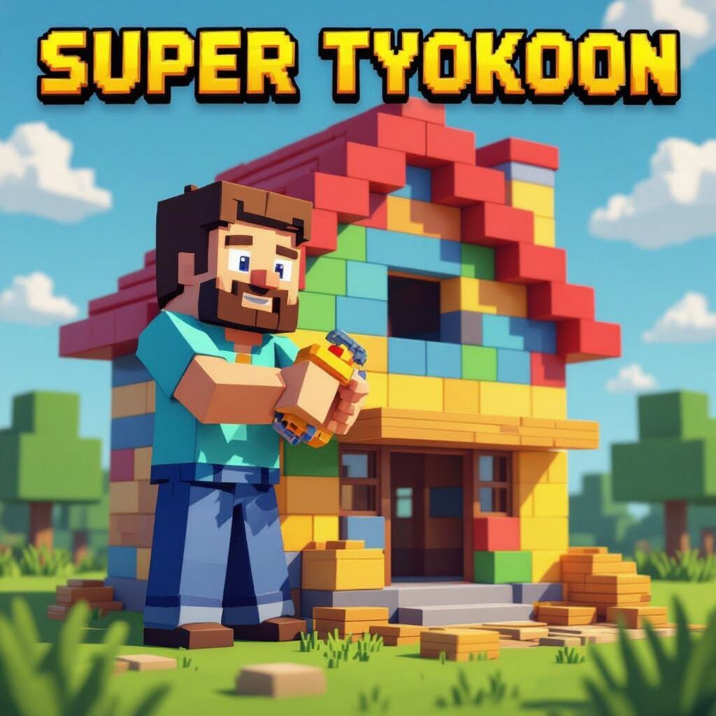 Blocky Character Builds Pixelated House in Pixel Art Style