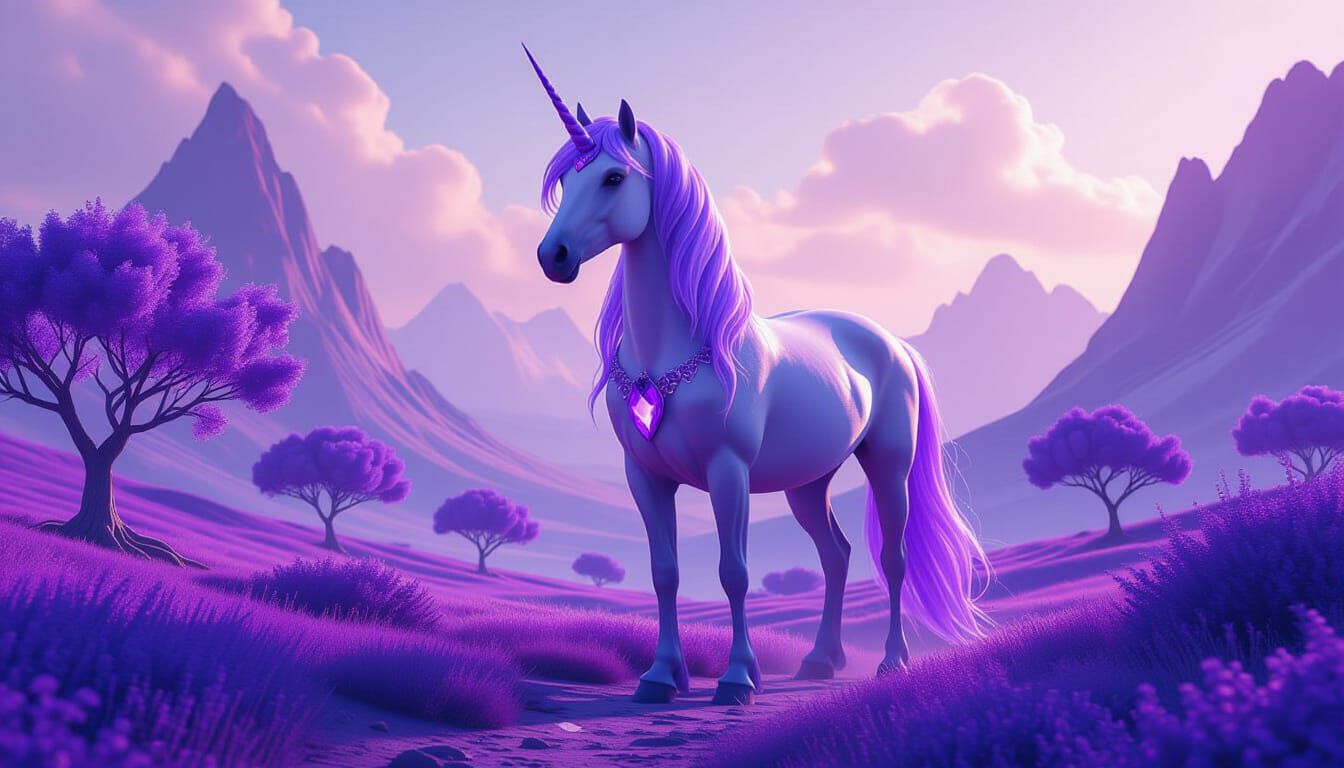 Unicorn in Amethyst Landscape, Cinematic Digital Matte Paint...