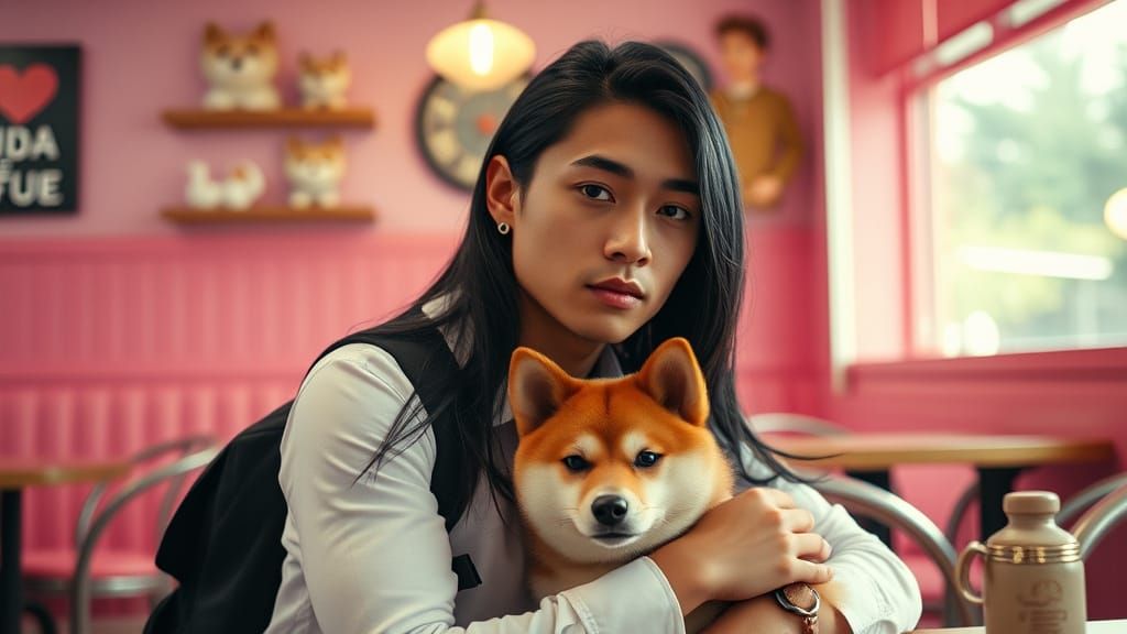 Native American Man with Shiba Inu in Kawaii Cafe