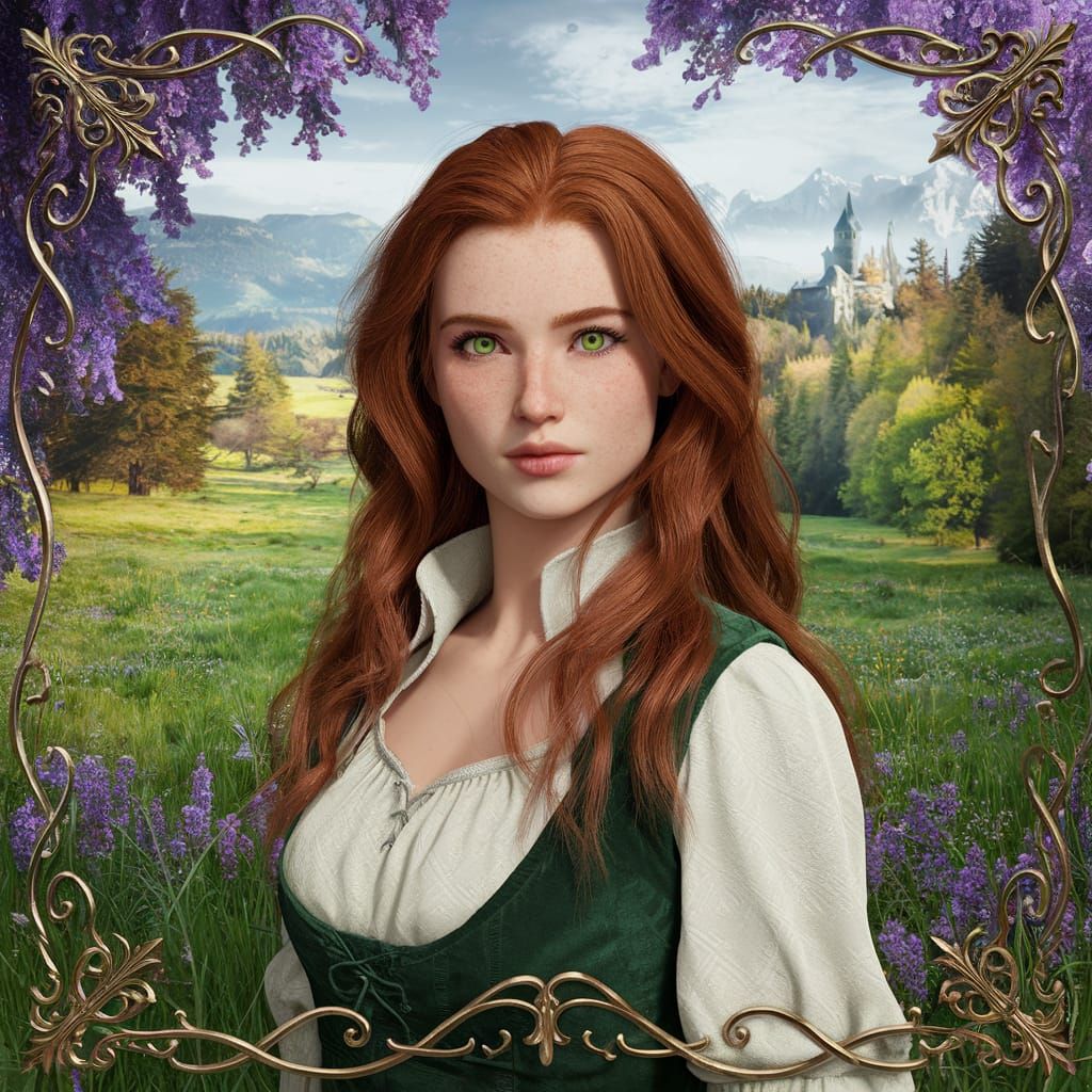 Attractive Redhead in Lush Green Field: Fantasy Concept Art