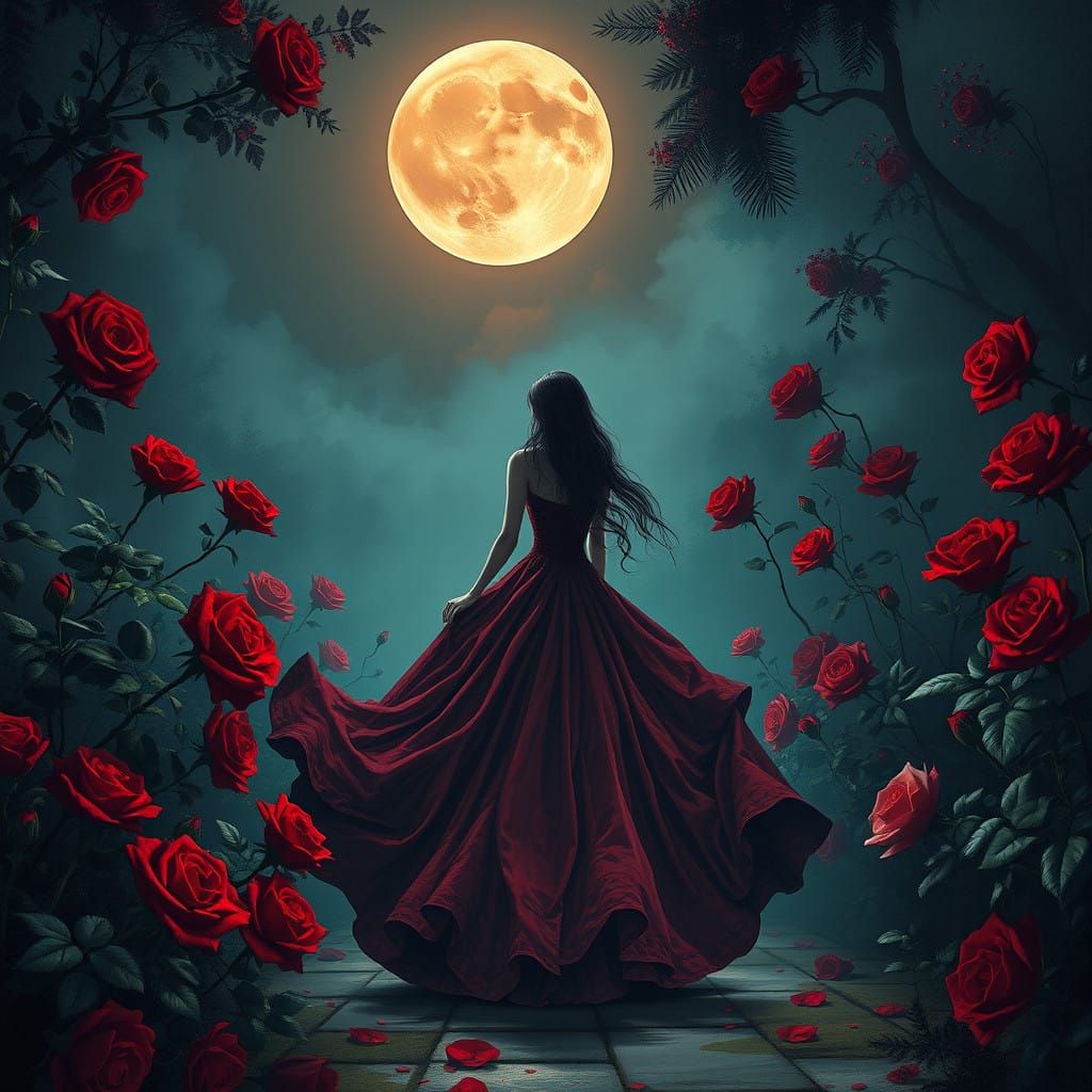 Elegant Vampire Strolls in Vibrant, Moonlit Garden of Blood-...