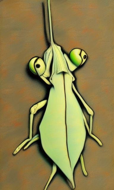 Big-Eyed Leaf Insect on Birch Table in Oil Pastel