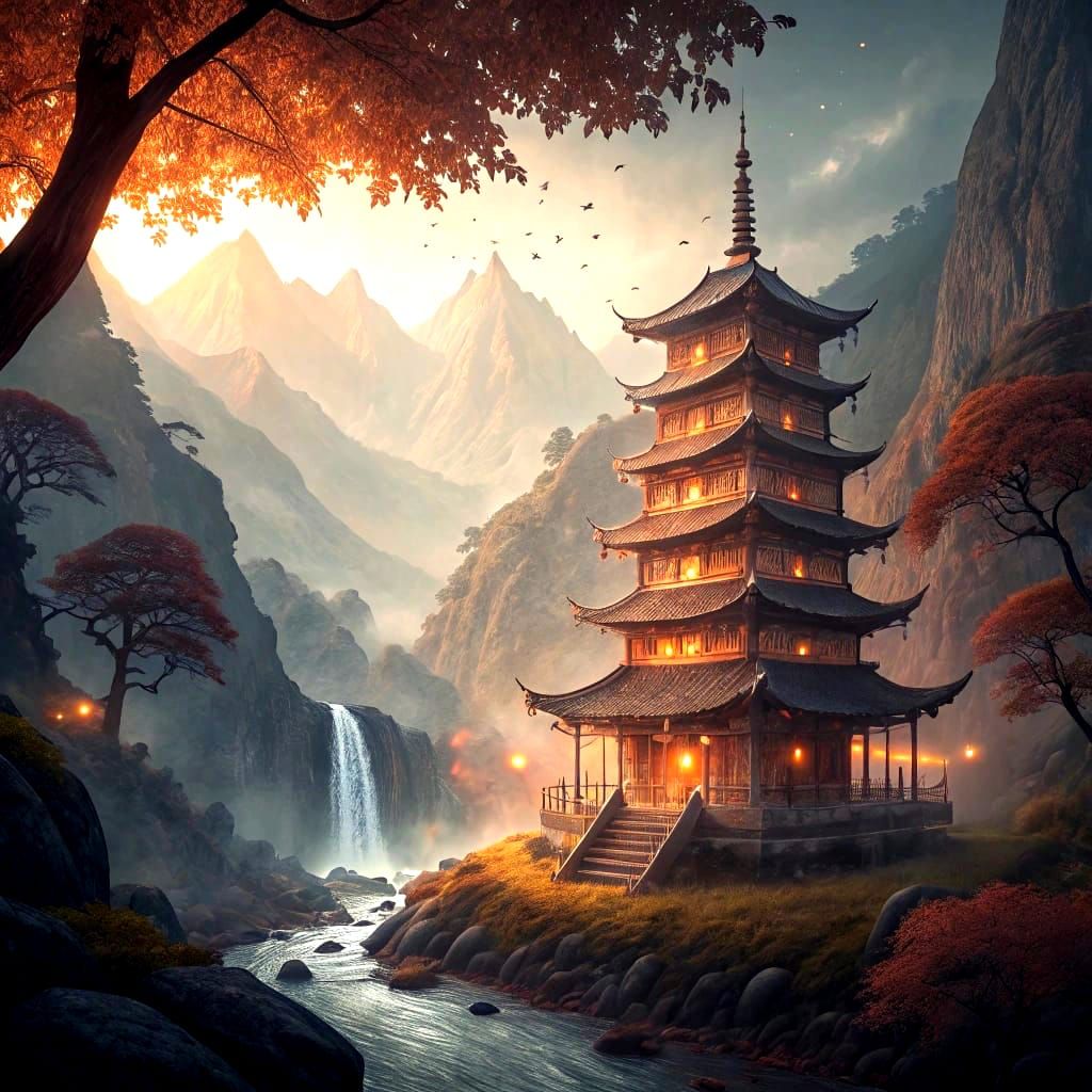 Majestic Paper Pagoda in Foggy Autumn Mountains