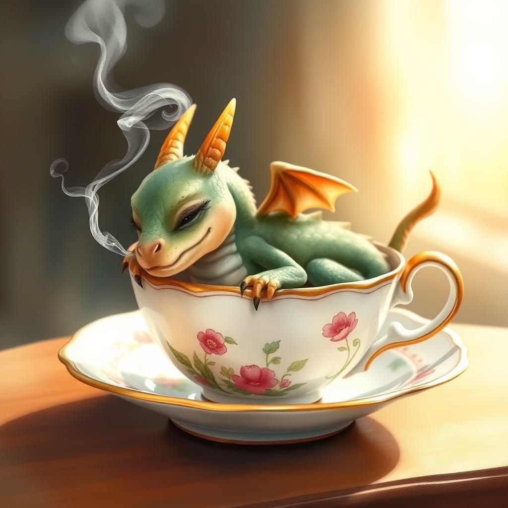 Dragon in Delicate China Teacup, Softly Snoring, Golden Ligh...