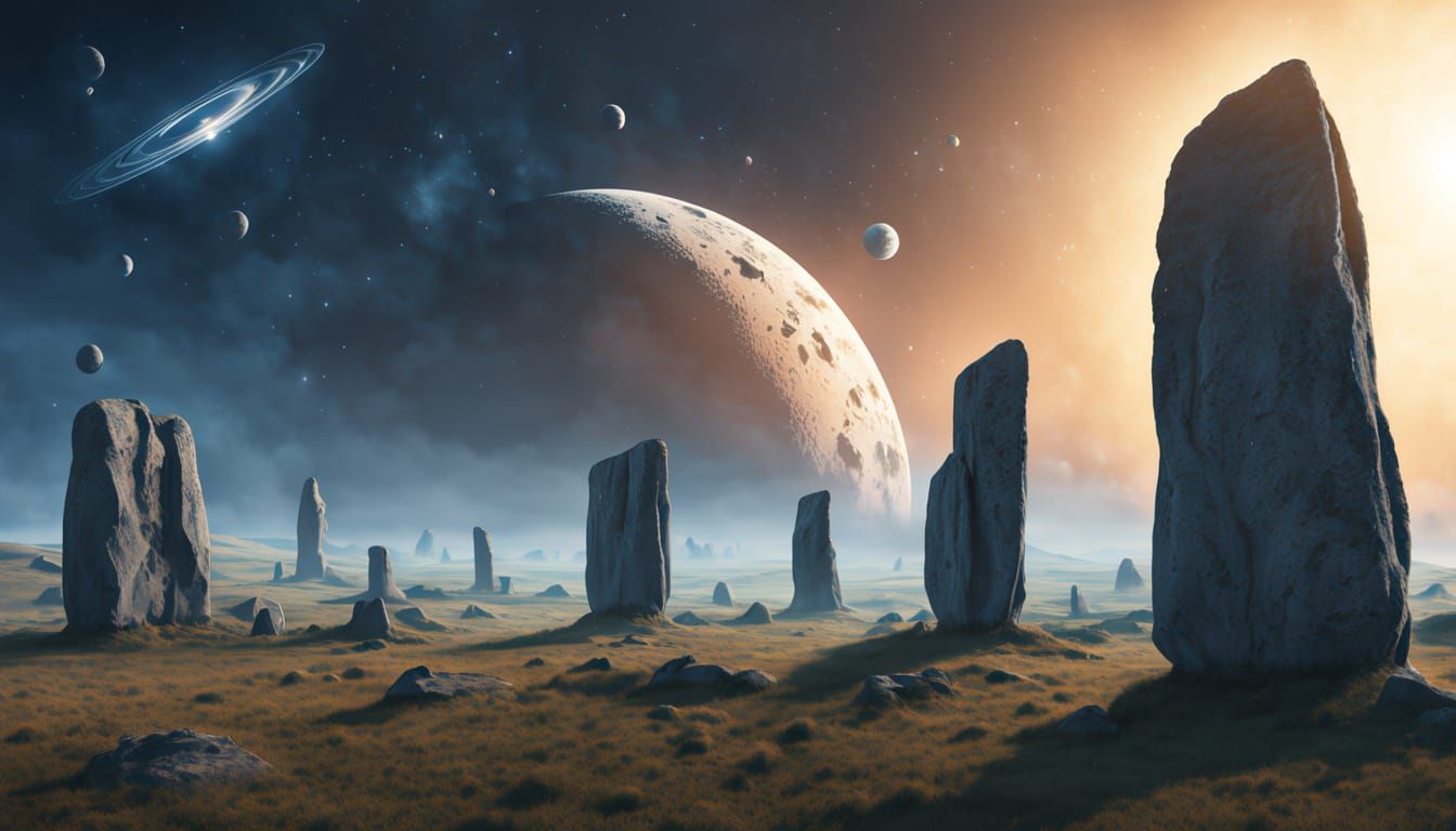Starship Over Ancient Stones: Hyperrealistic Sci-Fi Art
