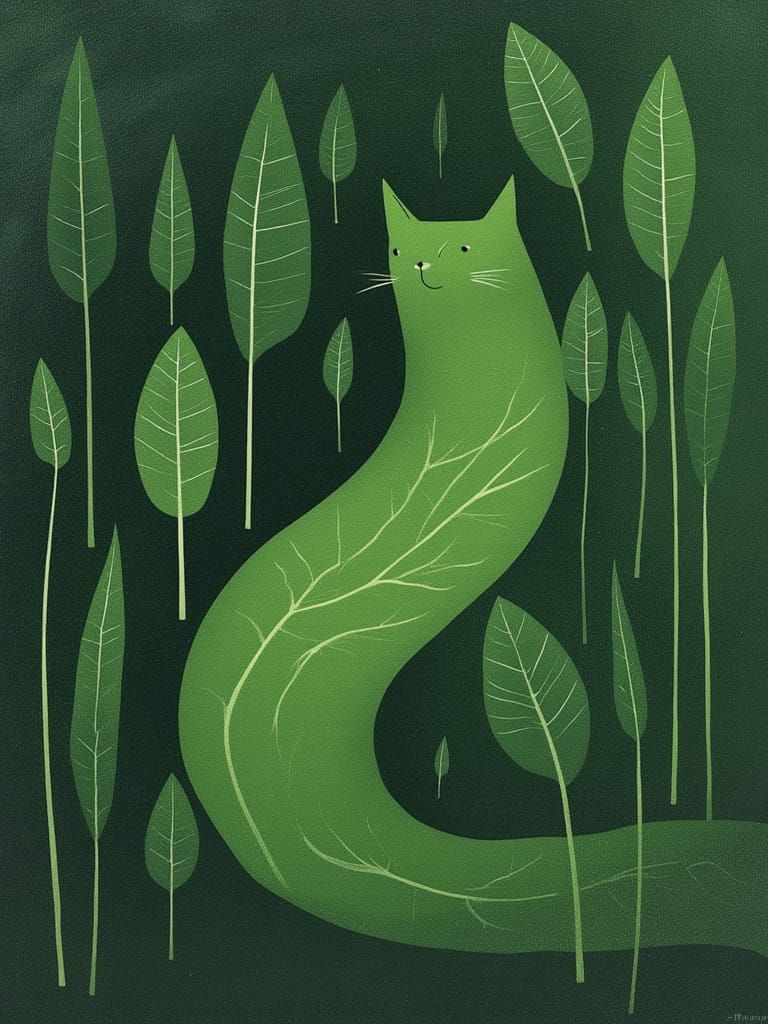 Whimsical Abstract Cat with Spinach