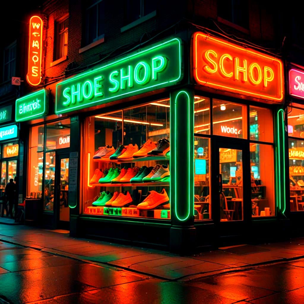 Shoe Shop Neon Sign in Orange and Green