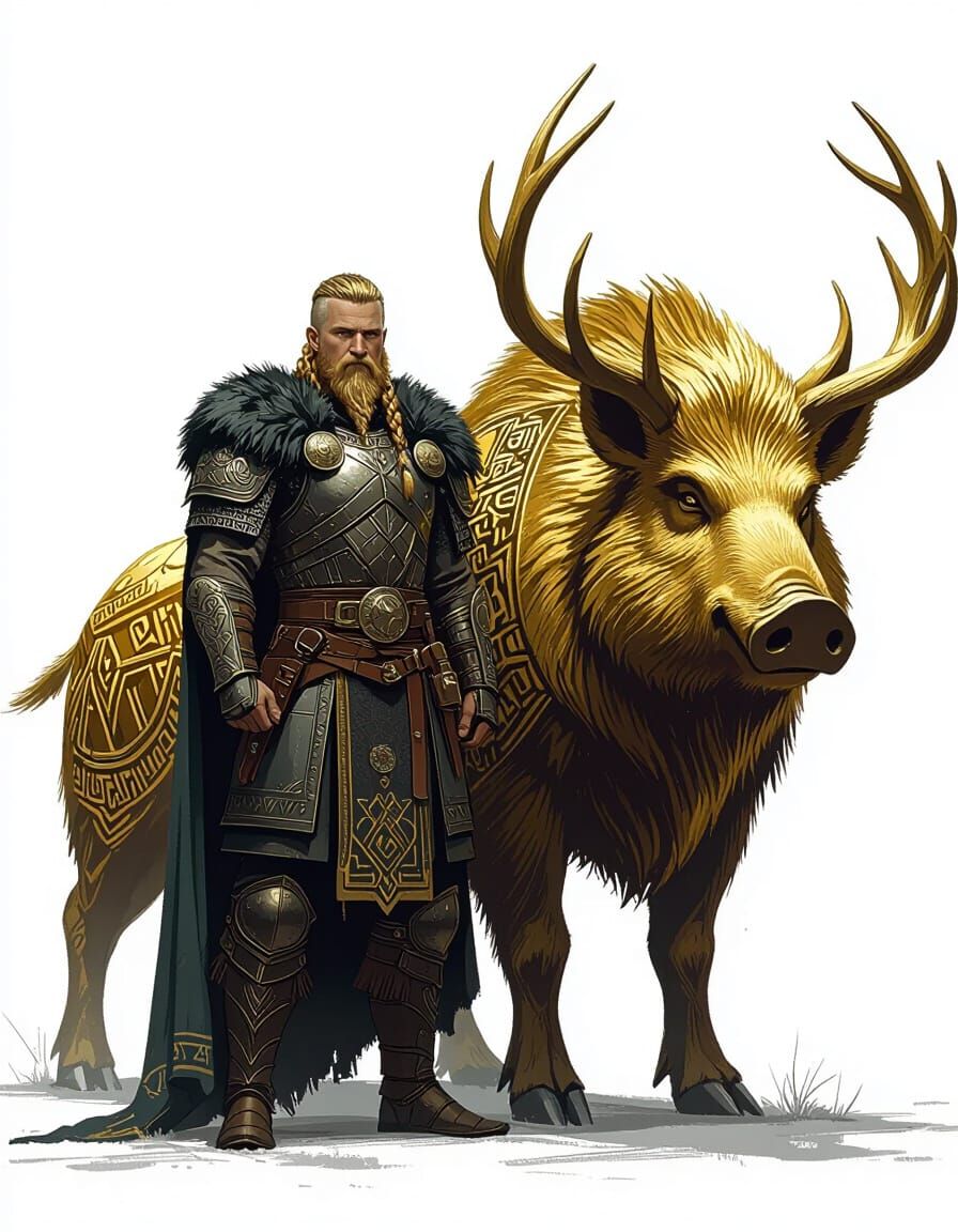 Freyr and Gullinbursti in Retro-Futuristic Style