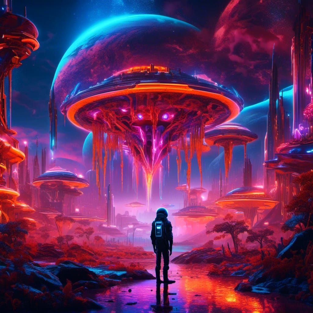 Bioluminescent Alien on Strange Planet in Cyberpunk Style