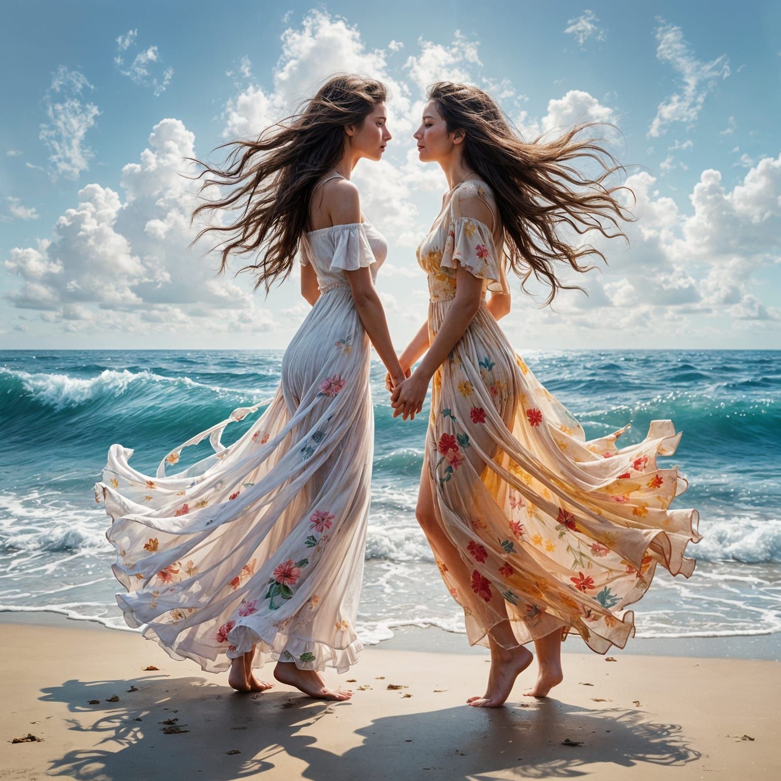 Painterly Beach Scene: Two Women in Love