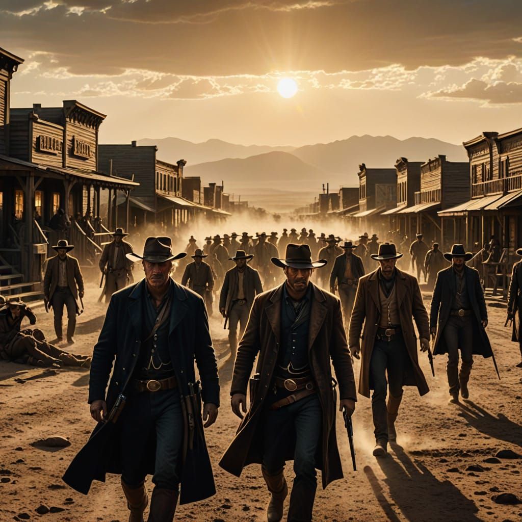 Rugged Cowboys Charge into a Dusty Bank in the Fading Light...