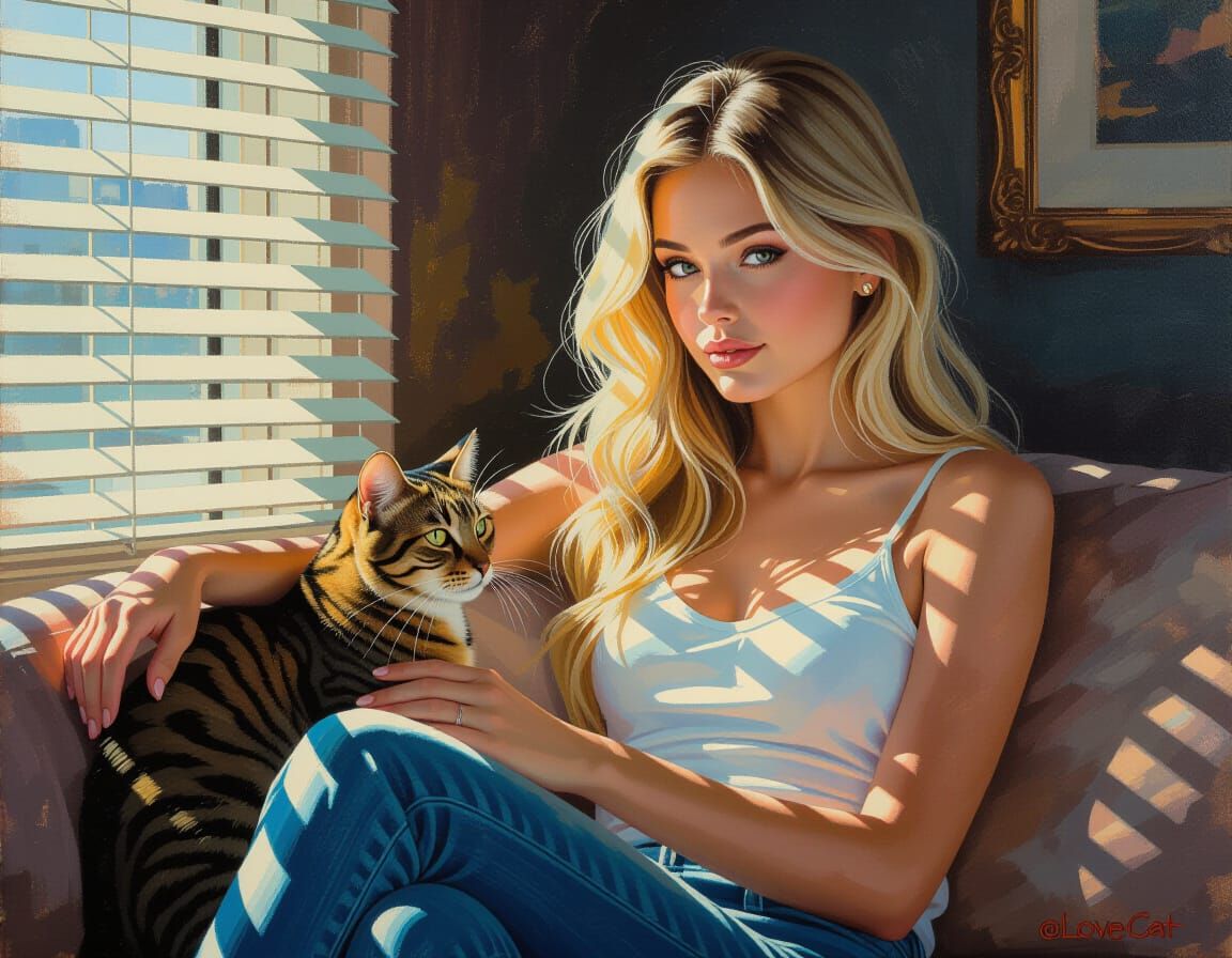 Blonde Woman Petting Cat in Impressionist Style