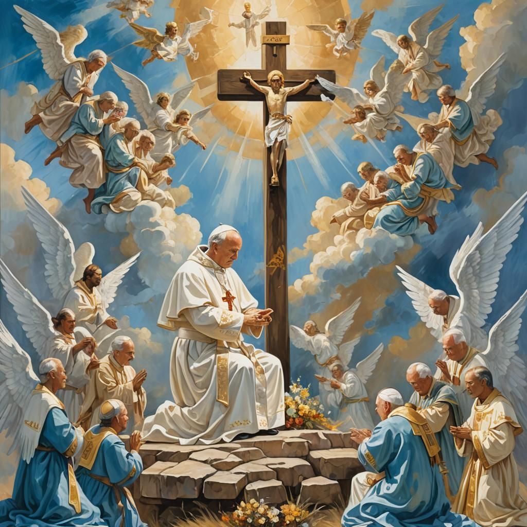 Pope John Paul II Kneeling in Gouache Impressionism