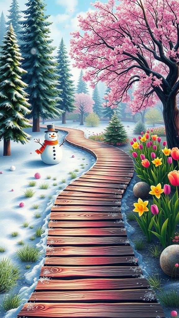Vibrant Woodland Pathway Bridges Winter and Spring