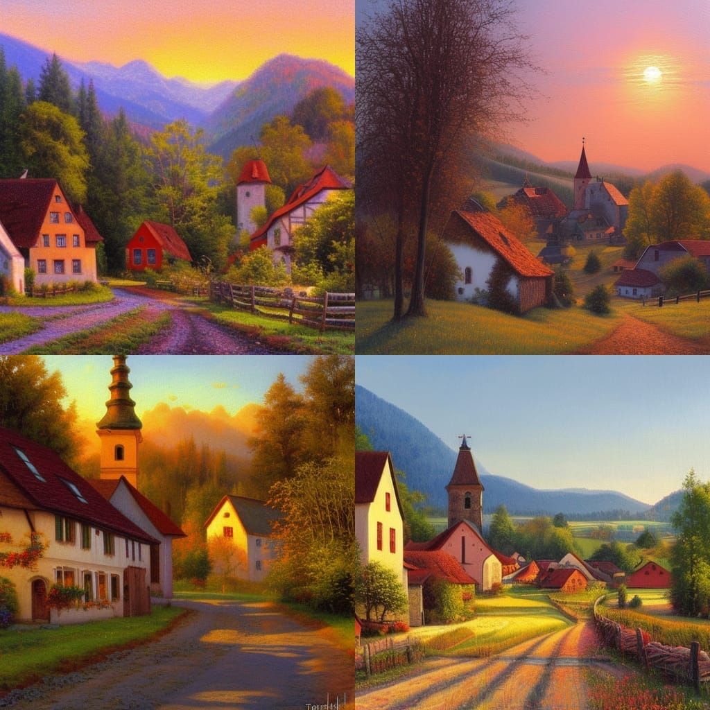 Bavarian Village Sunrise in Oil Painting Style