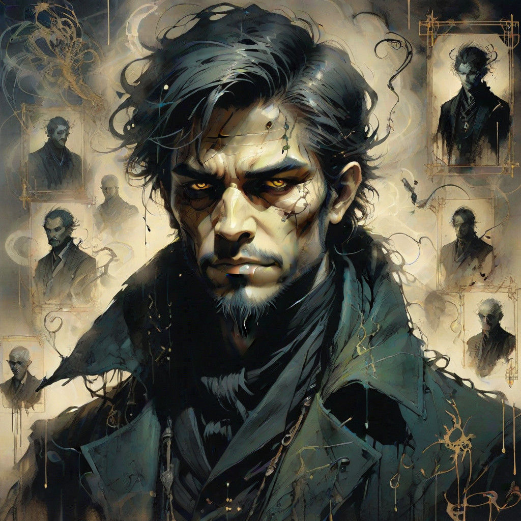 Dark Fantasy Demonologist Scene in Misty Black Background