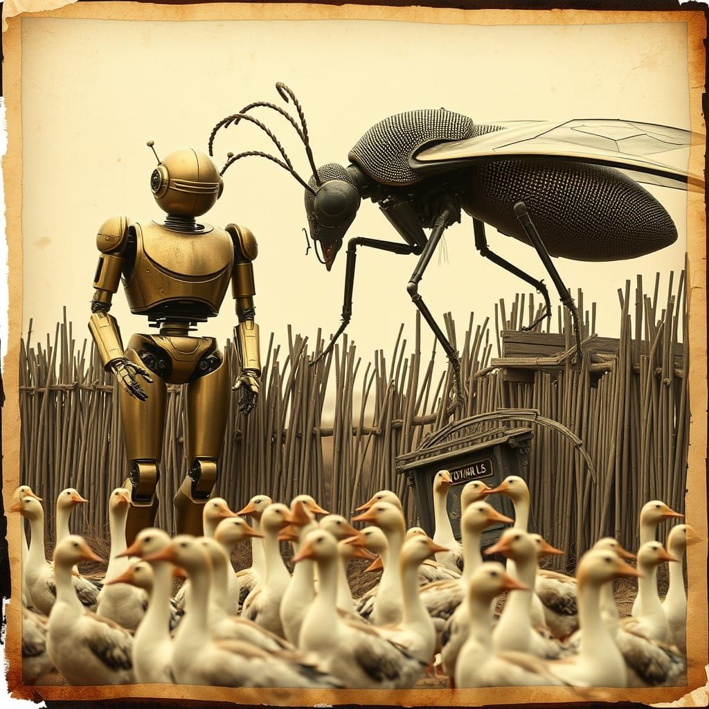 Folkloric Robots Family Beside Giant Brass Insect in Golden ...