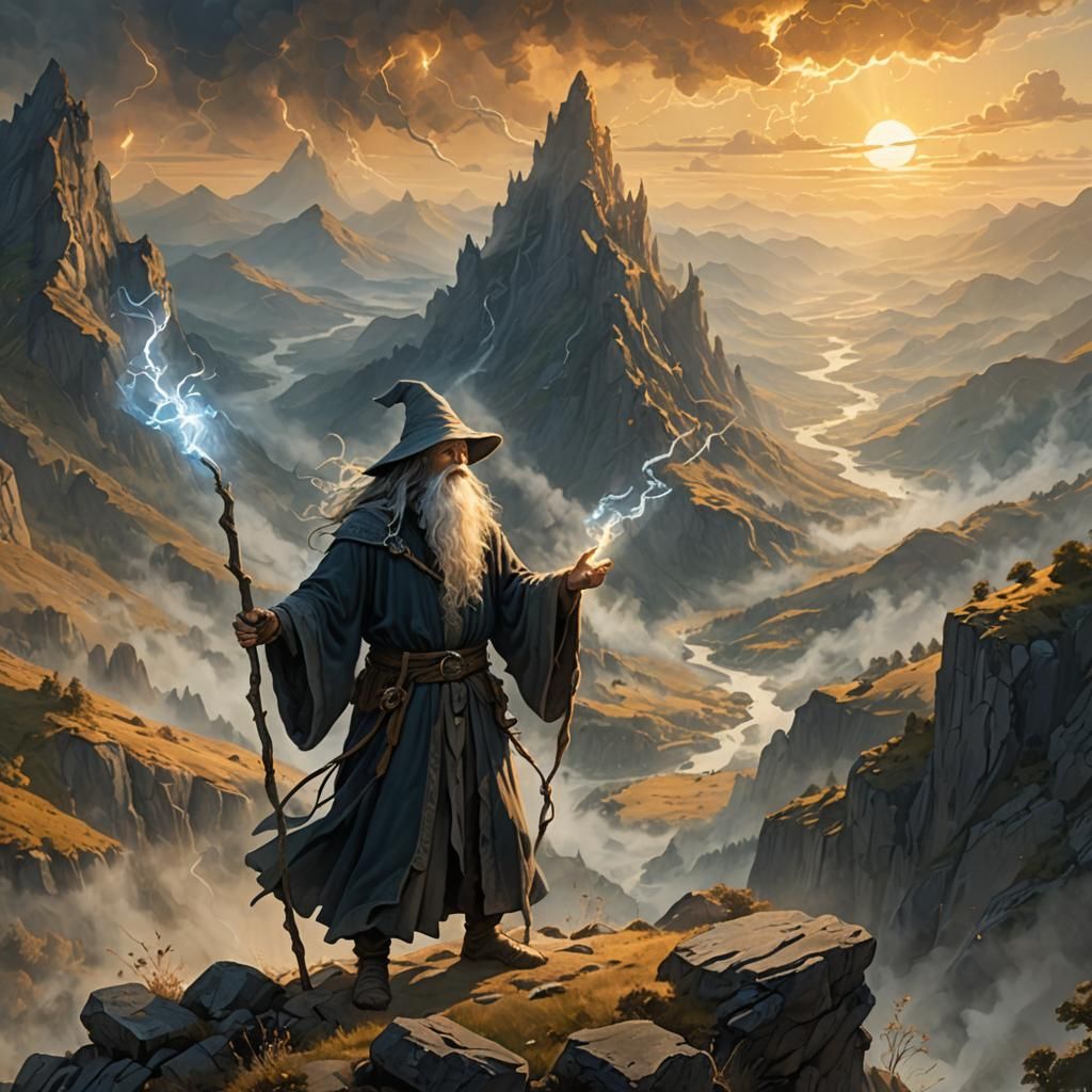 Mystical Wizard in Smoky Mountain Landscape