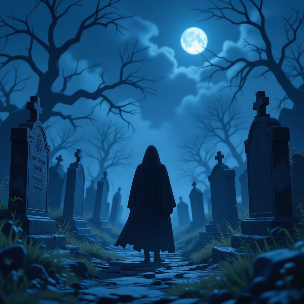 AI Figure in Misty Cemetery at Midnight 3D Anime Style