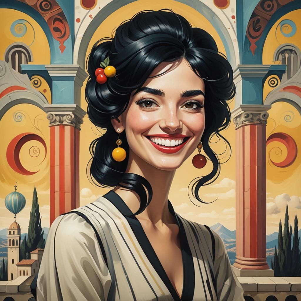 Smiling Woman in Surrealist Renaissance Cartoon Style