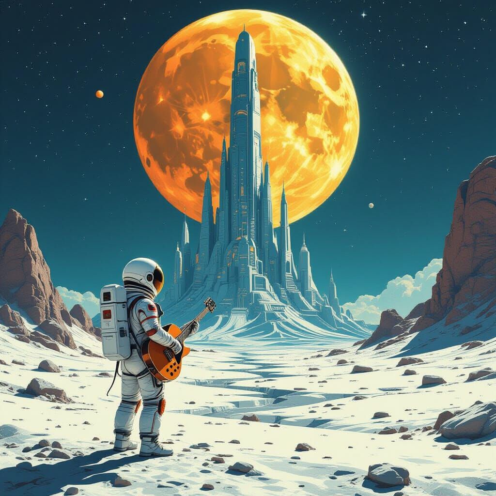 Astronaut with Guitar Gazes at Colossal Alien City on Moon