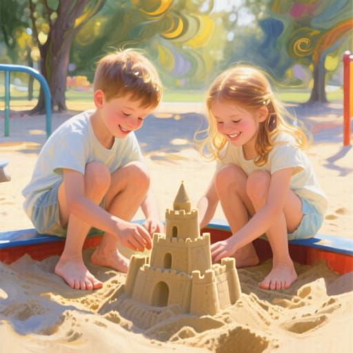 Children Building Sandcastle in Sunny Playground, Abstract E...