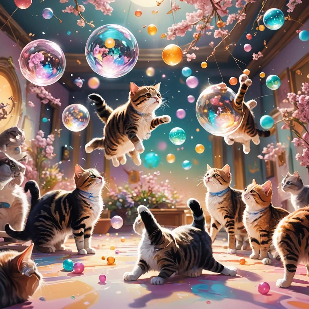 Cats Play with Orbs in Abstract Digital Painting