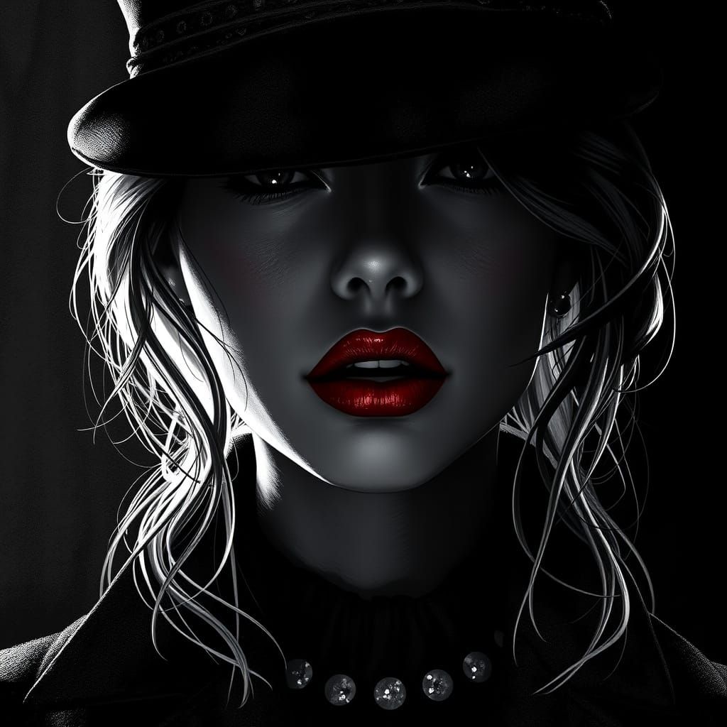 Mysterious Noir Detective in Ruby Red Lipstick