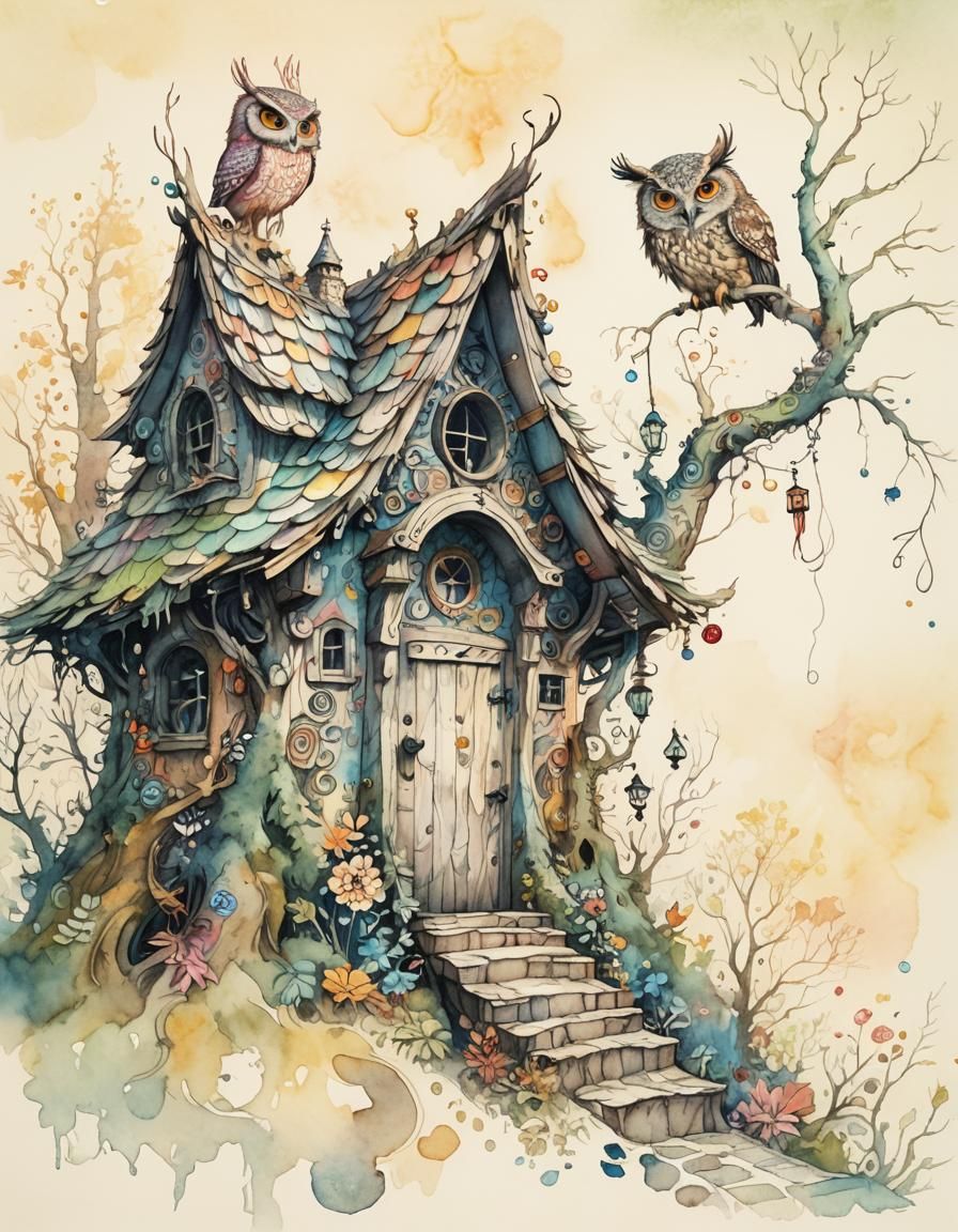 Baba Yaga's House in Whimsical Watercolor Forest