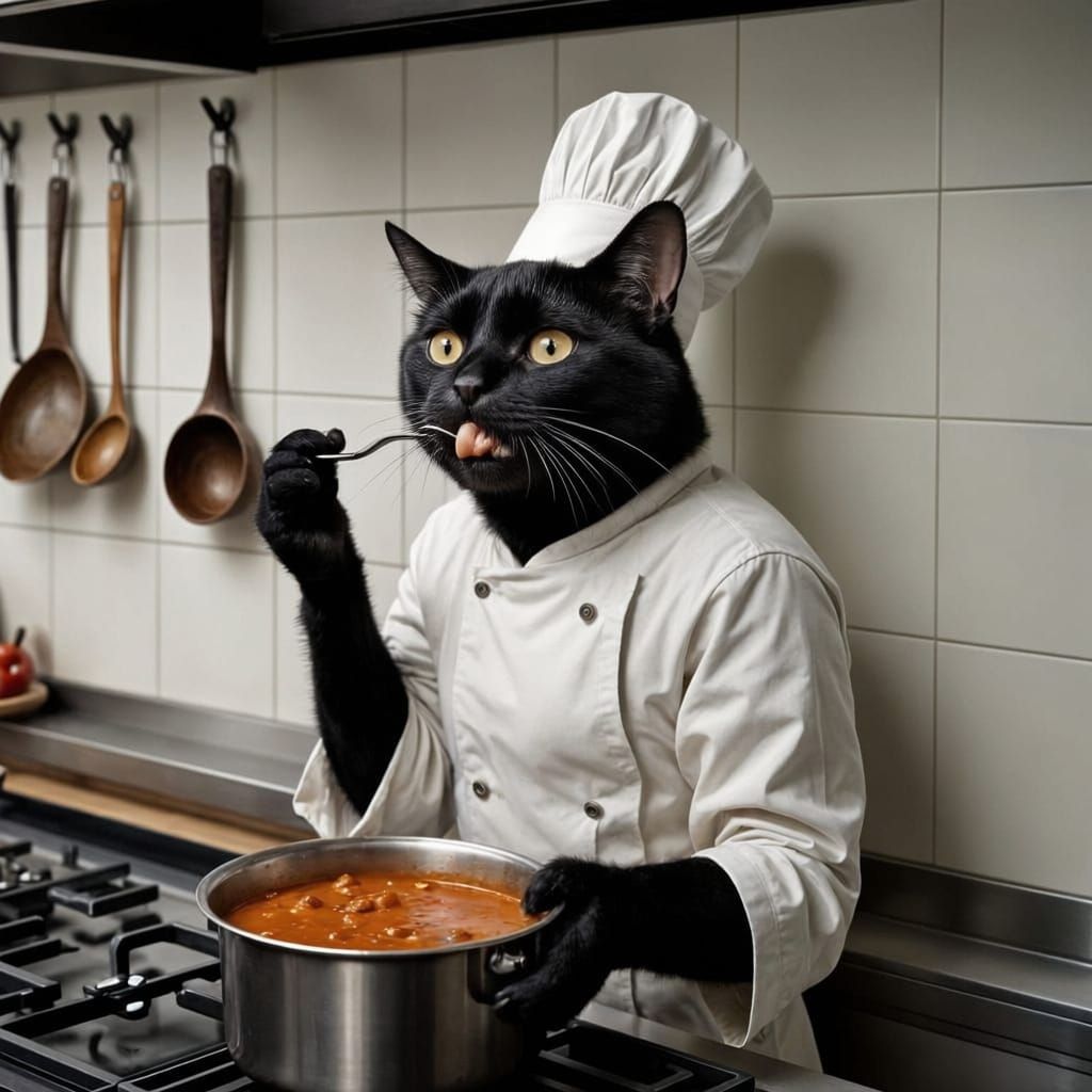 Black Cat Chef Tastes Sauce in Sleek Kitchen