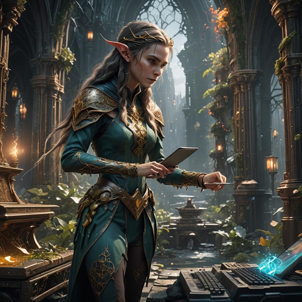 Elf at Quantum Computer: Detailed Matte Painting