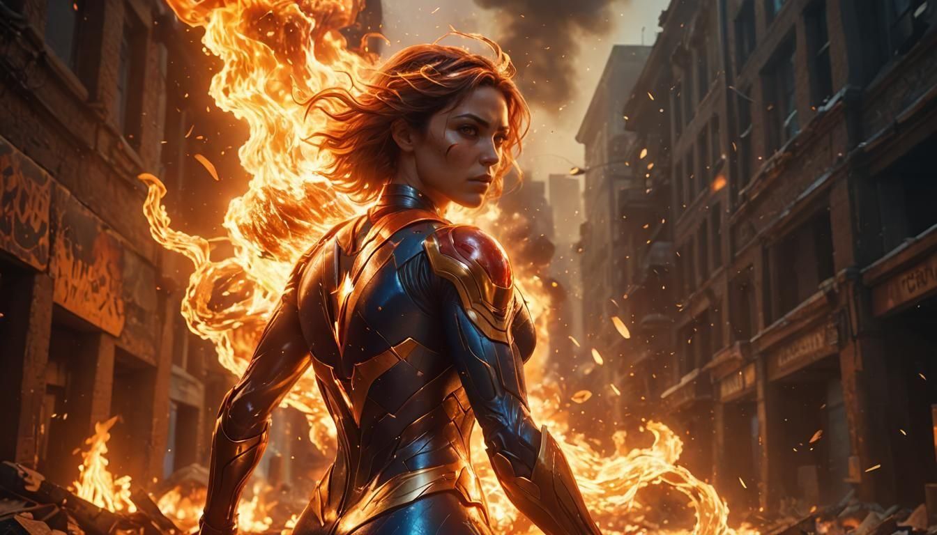 Fiery Superhero Woman: 3D Game Cinematic Render